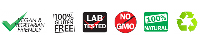 Photo of notices Vegan & Vegetarian Friendly, 100% Gluten free, Lab Tested, no GMO and 100% Natural